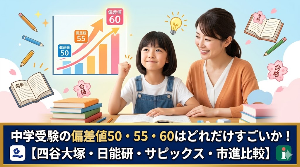 中学受験の偏差値50・55・60はどれだけすごいか!【四谷大塚・日能研・サピックス・市進比較】
